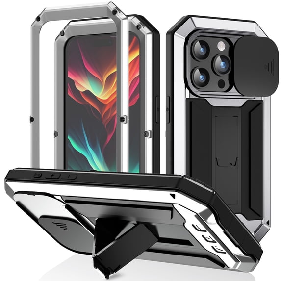 Feishell Cover for iPhone 15 Pro Max Case Heavy Dustproof Shockproof Dropproof Military Grade Rugged Durable Aluminum Metal Case with Kickstand Screen Protector Full Body Cover, Silver