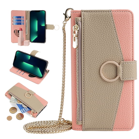 Feishell Cover for iPhone 16, Crossbody Wallet RFID Blocking Card Slot Holder, Magnetic Flip Folio Purse Case PU Leather Zipper Handbag Detachable Lanyard Strap for iPhone 16,Pink
