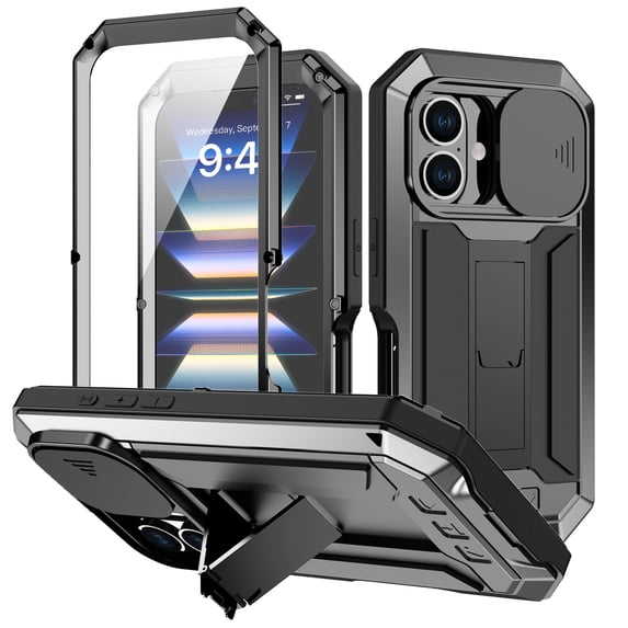 Feishell Cover for iPhone 16 Plus Case Heavy Dustproof Shockproof Dropproof Military Grade Rugged Durable Aluminum Metal Case with Kickstand Screen Protector Full Body Cover, Black