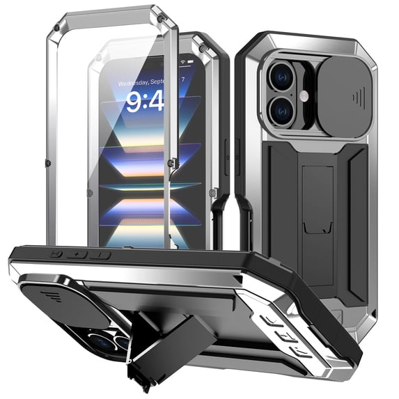 Feishell Cover for iPhone 16 Plus Case Heavy Dustproof Shockproof Dropproof Military Grade Rugged Durable Aluminum Metal Case with Kickstand Screen Protector Full Body Cover, Silver