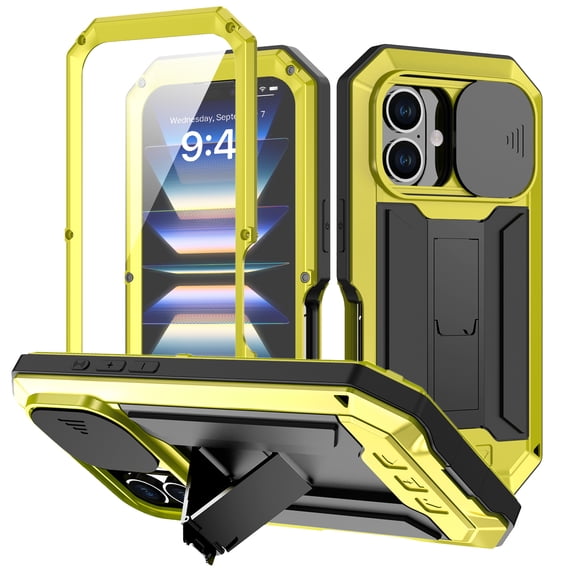 Feishell Cover for iPhone 16 Plus Case Heavy Dustproof Shockproof Dropproof Military Grade Rugged Durable Aluminum Metal Case with Kickstand Screen Protector Full Body Cover, Yellow