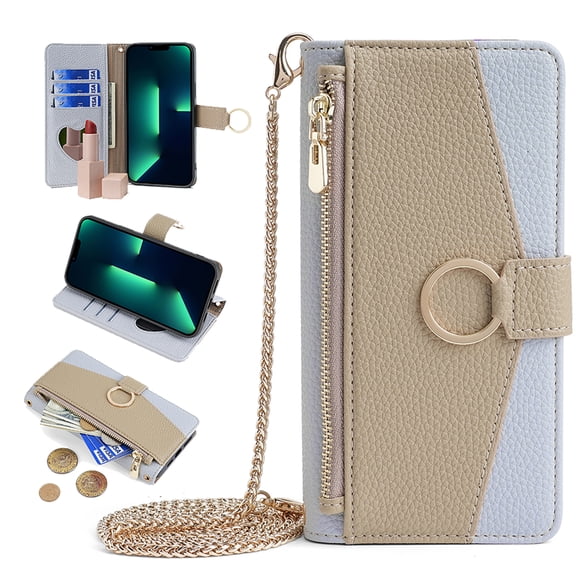 Feishell Cover for iPhone 16 Plus, Crossbody Wallet RFID Blocking Card Slot Holder, Magnetic Flip Folio Purse Case PU Leather Zipper Handbag Detachable Lanyard Strap for iPhone 16 Plus,Blue