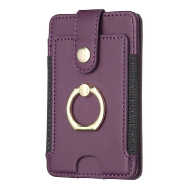 Feishell Credit Card Holder for Back of Phone with Ring Stand Stick on Phone,Ultra-Slim Self Adhesive, Buckle Flip Stand Leather Wallet for /Android/Samsung/All Smartphones,Darkpurple