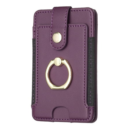 Feishell Credit Card Holder for Back of Phone with Ring Stand Stick on Phone,Ultra-Slim Self Adhesive, Buckle Flip Stand Leather Wallet for /Android/Samsung/All Smartphones,Darkpurple