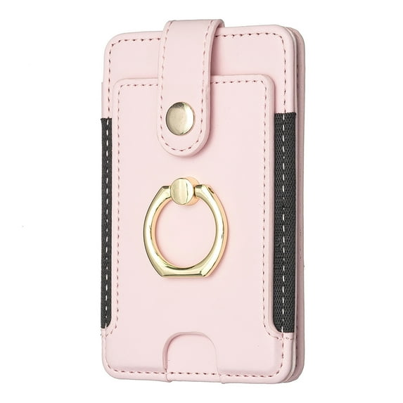 Feishell Credit Card Holder for Back of Phone with Ring Stand Stick on Phone,Ultra-Slim Self Adhesive,Magnetic Buckle Flip Stand Leather Wallet for iPhone/Android/Samsung/All Smartphones,Pink