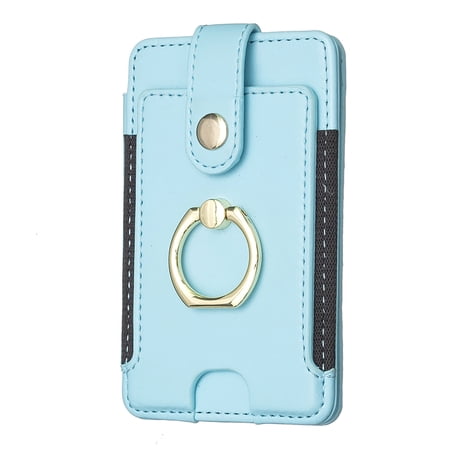 Feishell Credit Card Holder for Back of Phone with Ring Stand Stick on Phone,Ultra-Slim Self Adhesive,Magnetic Buckle Flip Stand Leather Wallet for iPhone/Android/Samsung/All Smartphones,Blue