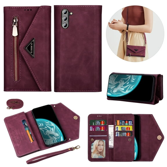 Feishell Crossbody Bag Wallet Case for Samsung Galaxy S24,for Women Men,Luxury PU Leather Zipper Pocket Magnetic Buckle Flip Stand Card Slots Purse Phone Case with Shoulder & Wrist Strap,Winered
