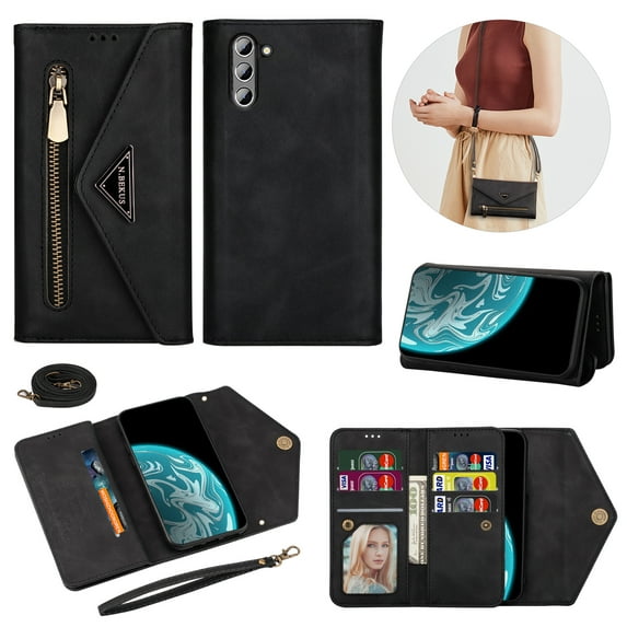 Feishell Crossbody Bag Wallet Case for Samsung Galaxy S24,for Women Men,Luxury PU Leather Zipper Pocket Magnetic Buckle Flip Stand Card Slots Purse Phone Case with Shoulder & Wrist Strap,Black