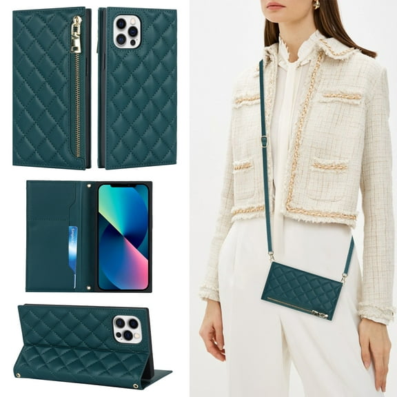 Feishell Crossbody Bag Wallet Case for iPhone 12 Pro Max,Shockproof Luxury PU Leather Zipper Pocket Magnetic Closure Folio Card Slot Flip Kickstand Phone Case with Shoulder Strap,Green