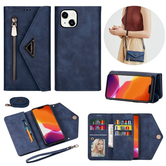 Feishell Crossbody Bag Wallet Case for iPhone 13 (6.1 Inch),for Women Men,Luxury PU Leather Zipper Pocket Magnetic Buckle Flip Stand Card Slots Purse Phone Case with Shoulder & Wrist Strap,Blue