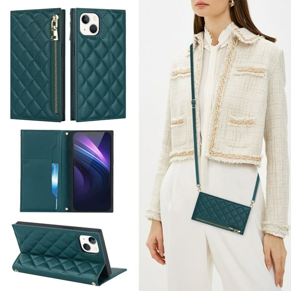 Feishell Crossbody Bag Wallet Case for iPhone 13,Shockproof Luxury PU Leather Zipper Pocket Magnetic Closure Folio Card Slot Flip Kickstand Phone Case with Shoulder Strap,Green