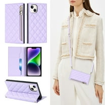 Feishell Crossbody Bag Wallet Case for iPhone 14 Plus,Shockproof Luxury PU Leather Zipper Pocket Magnetic Closure Folio Card Slot Flip Kickstand Phone Case with Shoulder Strap,Purple