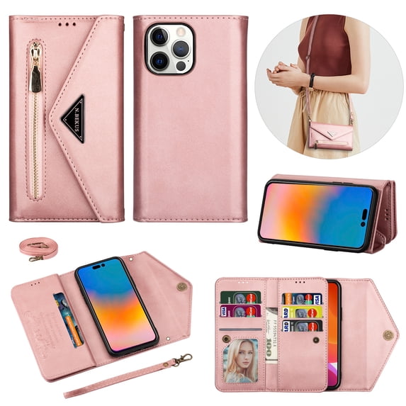 Feishell Crossbody Bag Wallet Case for iPhone 14 Pro,for Women Men,Luxury PU Leather Zipper Pocket Magnetic Buckle Flip Stand Card Slots Purse Phone Case with Shoulder & Wrist Strap,Rosegold