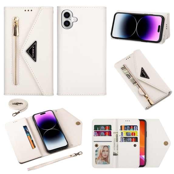 Feishell Crossbody Bag Wallet Case for iPhone 16,for Women Men,Luxury PU Leather Zipper Pocket Magnetic Buckle Flip Stand Card Slots Purse Phone Case with Shoulder & Wrist Strap,White