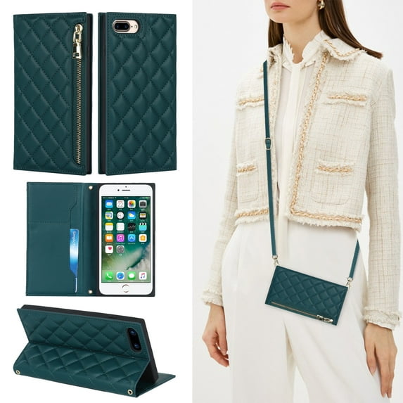 Feishell Crossbody Bag Wallet Case for iPhone 8 Plus/iPhone 7 Plus,Shockproof Luxury PU Leather Zipper Pocket Magnetic Closure Folio Card Slot Flip Kickstand Phone Case with Shoulder Strap,Green