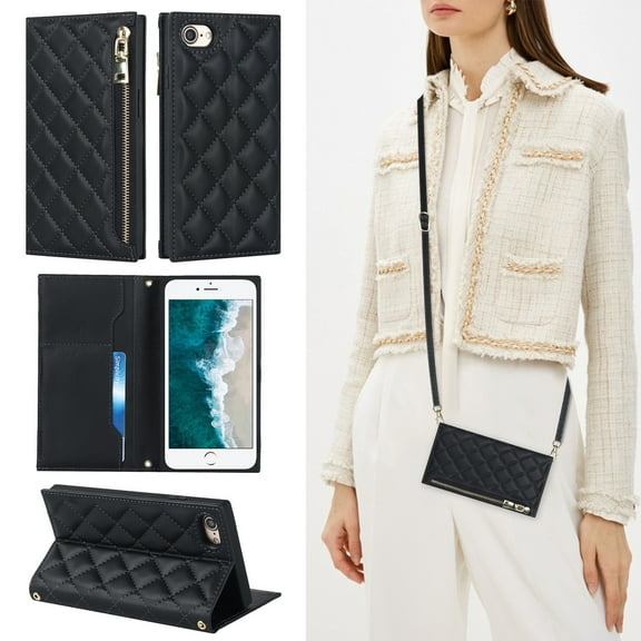 Feishell Crossbody Bag Wallet Case for iPhone SE 2022/SE 2020/8/7,Shockproof Luxury PU Leather Zipper Pocket Magnetic Closure Folio Card Slot Flip Kickstand Phone Case with Shoulder Strap,Black