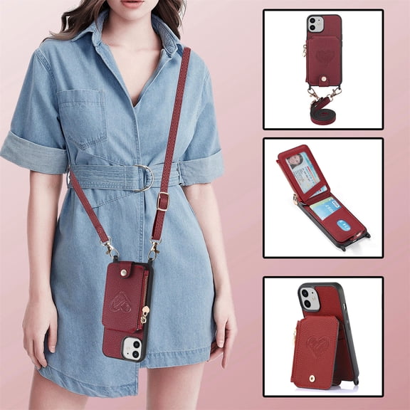Feishell Crossbody Phone Case for Apple iPhone 11,Heart Pattern PU Leather Zipper Pocket & Card Slots Shockproof Kickstand Phone Case with Adjustable Shoulder Strap,Red
