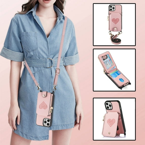 Feishell Crossbody Phone Case for Apple iPhone 12 Pro Max,Heart Pattern PU Leather Zipper Pocket & Card Slots Shockproof Kickstand Phone Case with Adjustable Shoulder Strap,Pink