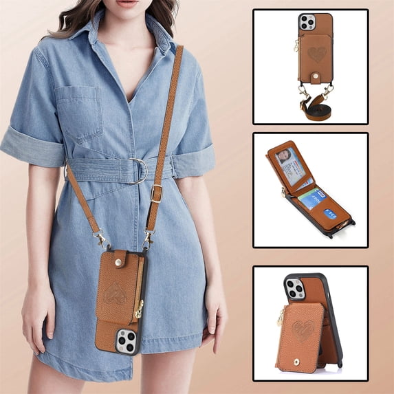 Feishell Crossbody Phone Case for Apple iPhone 12 Pro Max,Heart Pattern PU Leather Zipper Pocket & Card Slots Shockproof Kickstand Phone Case with Adjustable Shoulder Strap,Brown