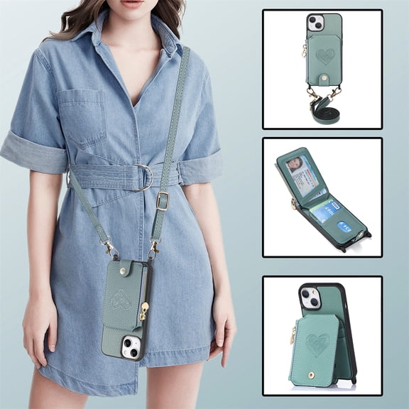 Feishell Crossbody Phone Case for Apple iPhone 13,Heart Pattern PU Leather Zipper Pocket & Card Slots Shockproof Kickstand Phone Case with Adjustable Shoulder Strap,Green