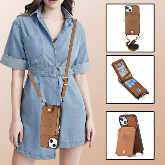Feishell Crossbody Phone Case for Apple iPhone 14,Heart Pattern PU Leather Zipper Pocket & Card Slots Shockproof Kickstand Phone Case with Adjustable Shoulder Strap,Brown