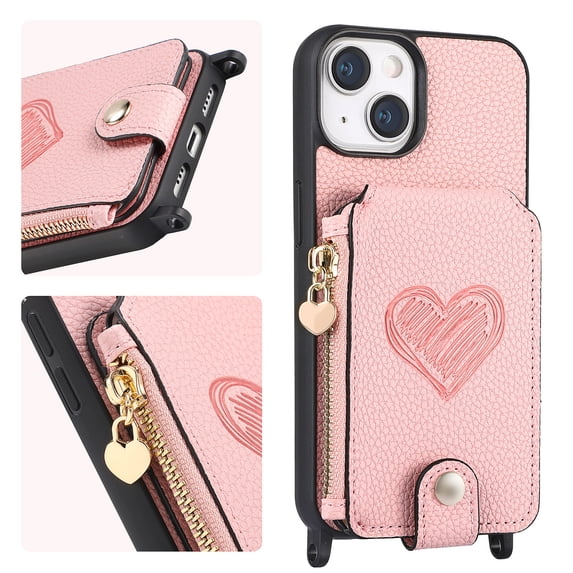 Feishell Crossbody Phone Case for Apple iPhone 14,Heart Pattern PU Leather Zipper Pocket & Card Slots Shockproof Kickstand Phone Case with Adjustable Shoulder Strap,Pink