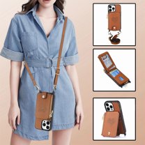 Feishell Crossbody Phone Case for Apple iPhone 14 Pro,Heart Pattern PU Leather Zipper Pocket & Card Slots Shockproof Kickstand Phone Case with Adjustable Shoulder Strap,Brown