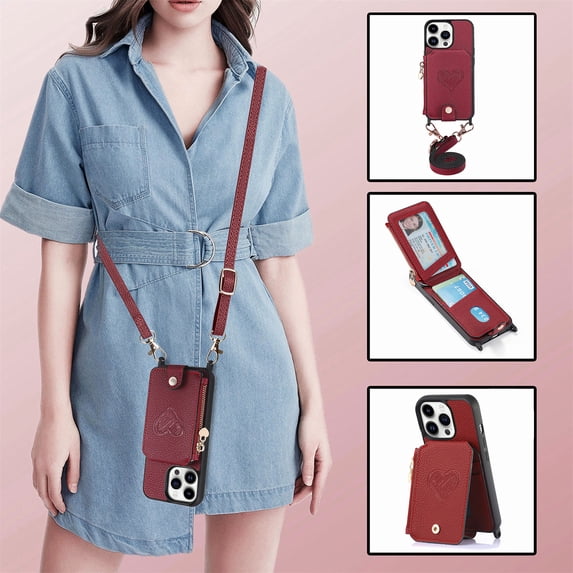 Feishell Crossbody Phone Case for Apple iPhone 14 Pro,Heart Pattern PU Leather Zipper Pocket & Card Slots Shockproof Kickstand Phone Case with Adjustable Shoulder Strap,Red