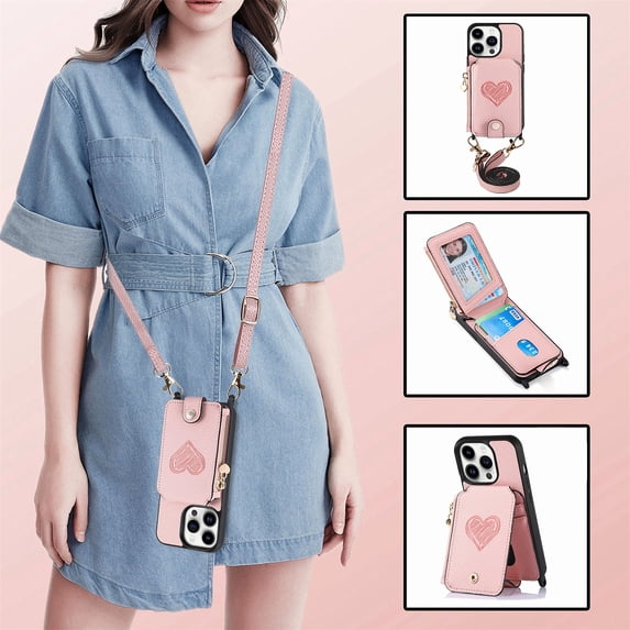 Feishell Crossbody Phone Case for Apple iPhone 14 Pro,Heart Pattern PU Leather Zipper Pocket & Card Slots Shockproof Kickstand Phone Case with Adjustable Shoulder Strap,Pink