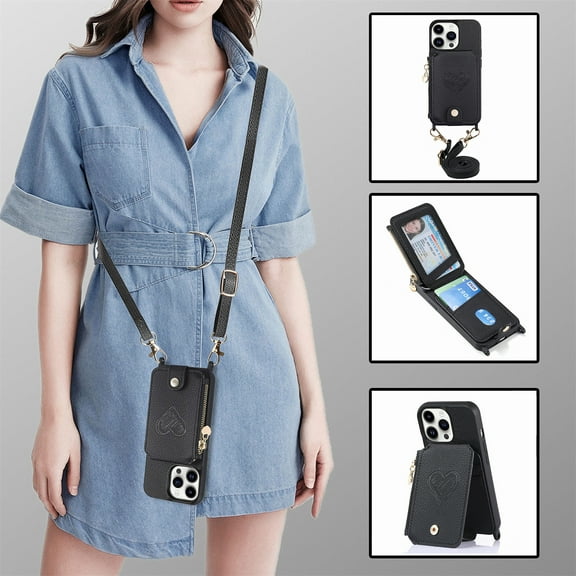 Feishell Crossbody Phone Case for Apple iPhone 14 Pro Max,Heart Pattern PU Leather Zipper Pocket & Card Slots Shockproof Kickstand Phone Case with Adjustable Shoulder Strap,Black