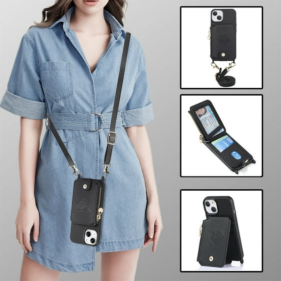 Feishell Crossbody Phone Case for Apple iPhone 15 Plus,Heart Pattern PU Leather Zipper Pocket & Card Slots Shockproof Kickstand Phone Case with Adjustable Shoulder Strap,Black