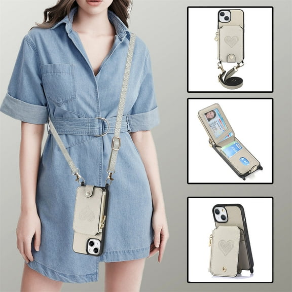 Feishell Crossbody Phone Case for Apple iPhone 15 Plus,Heart Pattern PU Leather Zipper Pocket & Card Slots Shockproof Kickstand Phone Case with Adjustable Shoulder Strap,Gray