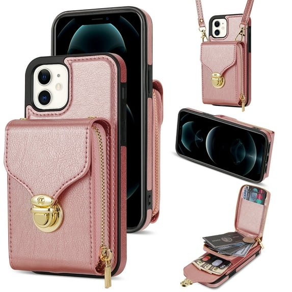 Feishell Crossbody Wallet Case for Apple iPhone 11,with Detachable Shoulder Strap,Premium PU Leather Metal Snap Zipper Pocket Credit Card Holder Kickstand Phone Case for Women Men,Rosegold