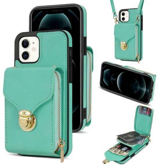 Feishell Crossbody Wallet Case for Apple iPhone 11,with Detachable Shoulder Strap,Premium PU Leather Metal Snap Zipper Pocket Credit Card Holder Kickstand Phone Case for Women Men,Mint