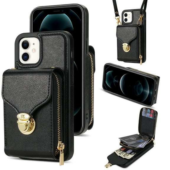 Feishell Crossbody Wallet Case for Apple iPhone 11,with Detachable Shoulder Strap,Premium PU Leather Metal Snap Zipper Pocket Credit Card Holder Kickstand Phone Case for Women Men,Black