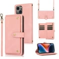 thumbnail image 1 of Feishell Crossbody Wallet Case for Apple iPhone 13 6.1 inch,for Women Men,Retro PU Leather Magnetic Button Flip Stand Credit Card Holder Phone Case with Adjustable Shoulder Strap,Pink, 1 of 11