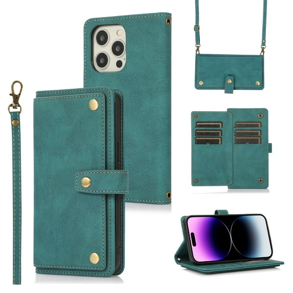 Feishell Crossbody Wallet Case for Apple iPhone 13 Pro 6.1 inch,for Women Men,Retro PU Leather Magnetic Button Flip Stand Credit Card Holder Phone Case with Adjustable Shoulder Strap,Blue