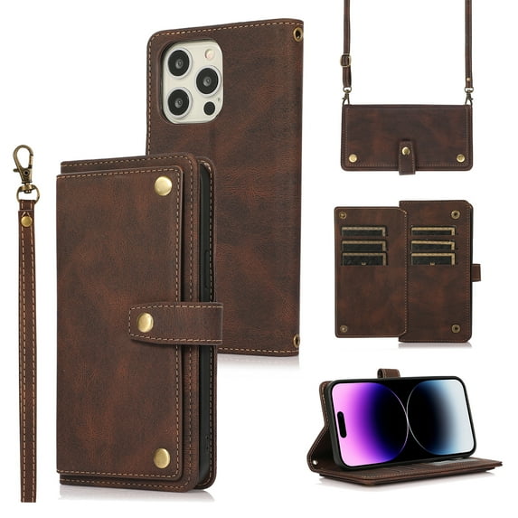 Feishell Crossbody Wallet Case for Apple iPhone 13 Pro 6.1 inch,for Women Men,Retro PU Leather Magnetic Button Flip Stand Credit Card Holder Phone Case with Adjustable Shoulder Strap,Brown