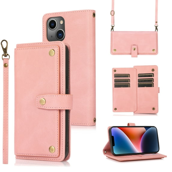 Feishell Crossbody Wallet Case for Apple iPhone 13 mini 5.4 inch,for Women Men,Retro PU Leather Magnetic Button Flip Stand Credit Card Holder Phone Case with Adjustable Shoulder Strap,Pink