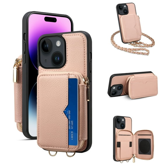 Feishell Crossbody Wallet Case for Apple iPhone 15 Plus,Zipper Pocket Case with Card Holder,Premium PU Leather Purse Back Kickstand Phone Case with Detachable Shoulder Strap,Pink