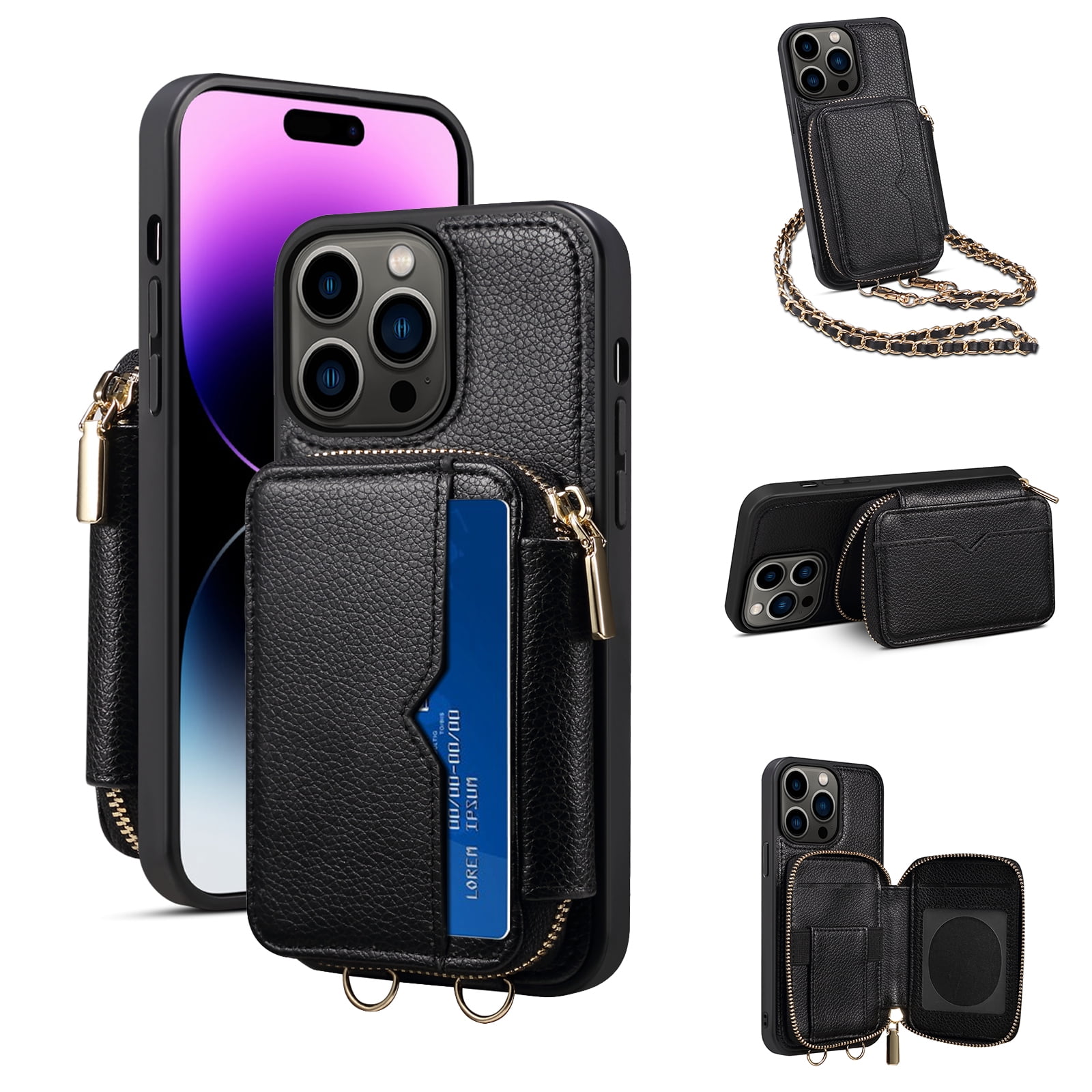 Compatible with iPhone 15 Pro Max Wallet Case, PU Leather with Card Holder  Kickstand Removable Shoulder Strap & Lanyard Case Protective Back Case Cover  for iPhone 15 Pro Max, Rosegold 