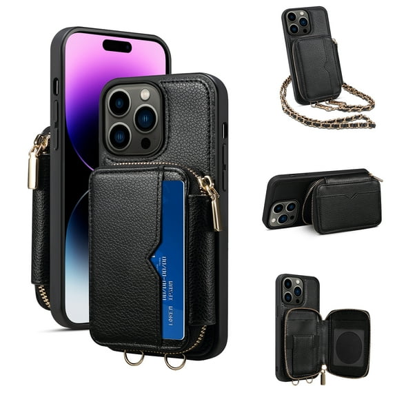 Feishell Crossbody Wallet Case for Apple iPhone 15 Pro,Zipper Pocket Case with Card Holder,Premium PU Leather Purse Back Kickstand Phone Case with Detachable Shoulder Strap,Black