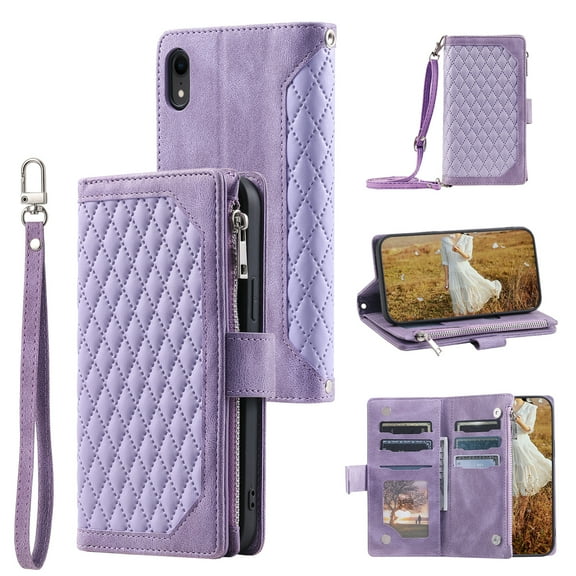 Feishell Crossbody Wallet Case for Apple iPhone XR,Luxury PU Leather Magnetic Buckle Zipper Pocket Card Slots Shockproof Flip Stand Phone Cover with Hand Strap & Shoulder Strap,Purple