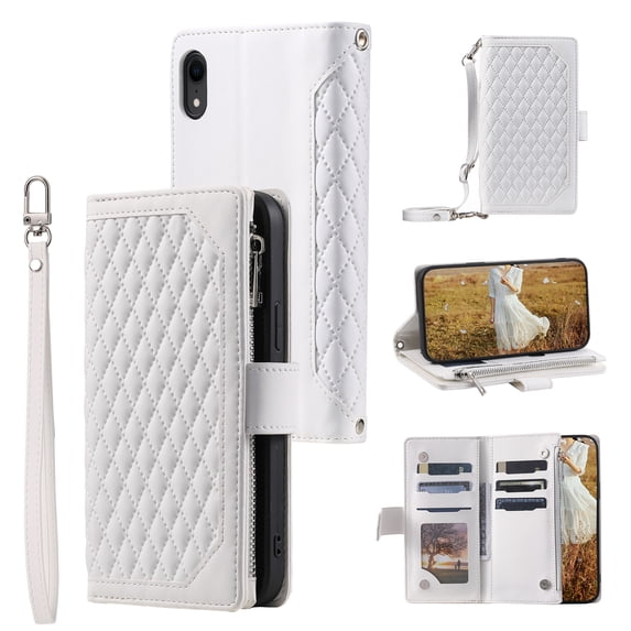 Feishell Crossbody Wallet Case for Apple iPhone XR,Luxury PU Leather Magnetic Buckle Zipper Pocket Card Slots Shockproof Flip Stand Phone Cover with Hand Strap & Shoulder Strap,White