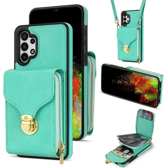 Feishell Crossbody Wallet Case for Samsung Galaxy A13 4G,with Detachable Shoulder Strap,Premium PU Leather Metal Snap Zipper Pocket Credit Card Holder Kickstand Phone Case for Women Men,Mint