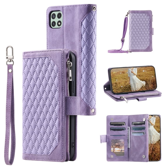 Feishell Crossbody Wallet Case for Samsung Galaxy A22 5G,Luxury PU Leather Magnetic Buckle Zipper Pocket Card Slots Shockproof Flip Stand Phone Cover with Hand Strap & Shoulder Strap,Purple