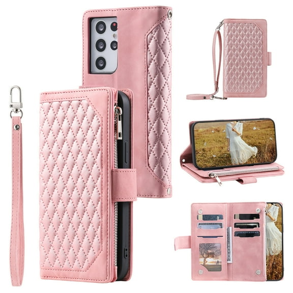 Feishell Crossbody Wallet Case for Samsung Galaxy Note 20 Ultra,Luxury PU Leather Magnetic Buckle Zipper Pocket Card Slots Shockproof Flip Stand Phone Cover with Hand Strap & Shoulder Strap,Rosegold