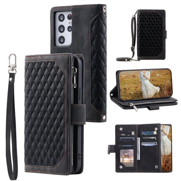 Feishell Crossbody Wallet Case for Samsung Galaxy Note 20 Ultra,Luxury PU Leather Magnetic Buckle Zipper Pocket Card Slots Shockproof Flip Stand Phone Cover with Hand Strap & Shoulder Strap,Black