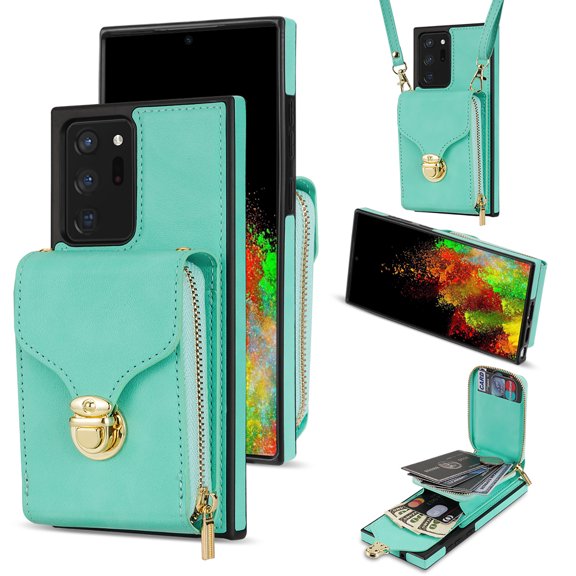 Feishell Crossbody Wallet Case for Samsung Galaxy Note 20 Ultra,with Detachable Shoulder Strap,Premium PU Leather Metal Snap Zipper Pocket Credit Card Holder Stand Phone Case for Women Men,Mint