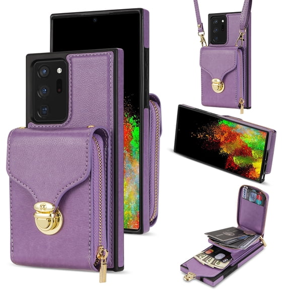 Feishell Crossbody Wallet Case for Samsung Galaxy Note 20 Ultra,with Detachable Shoulder Strap,Premium PU Leather Metal Snap Zipper Pocket Credit Card Holder Stand Phone Case for Women Men,Purple